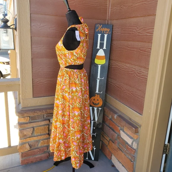 NWT Willow Root Floral Orange Midi Cutout Dress Size Large 9/10 - Picture 5 of 16